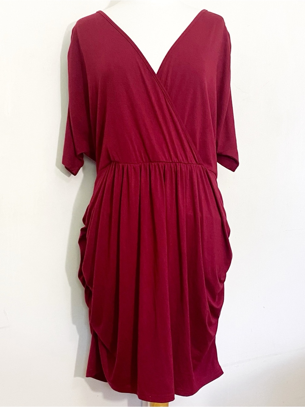 Nemidor Deep Wine Wrap-Front Surplice Neck Ruched Sides And Shoulder Dress 4X